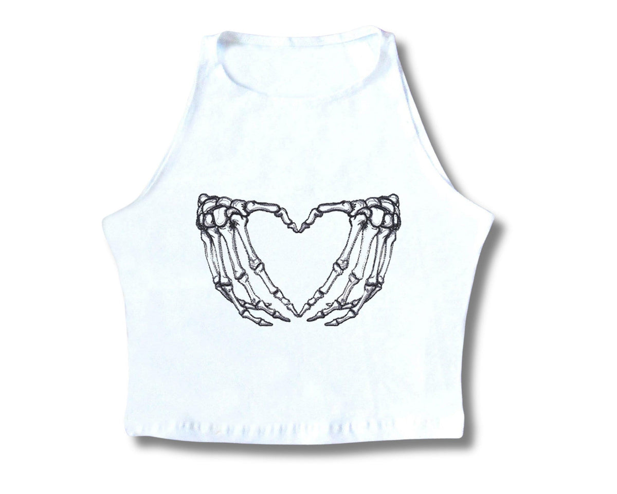 Skeleton Hands Heart Embroidered Crop Top