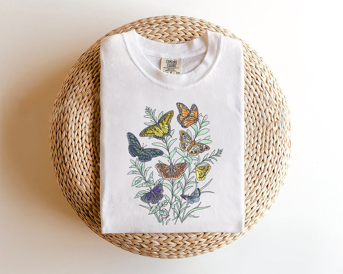 Butterfly Botanical Embroidered Tee-Womens Butterfly Tshirt