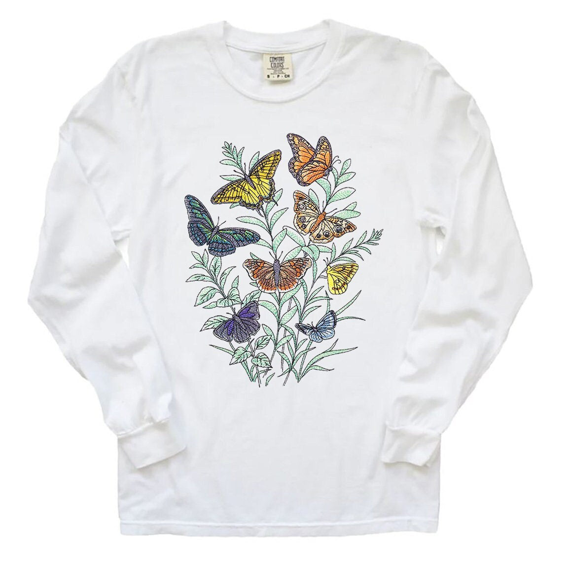 Butterfly Botanical Embroidered Long Sleeve Tee-Womens Butterfly Long Sleeve Top