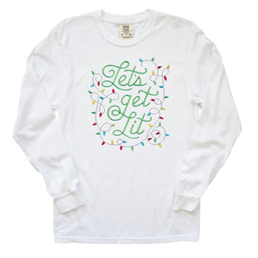 Let's Get Lit Christmas Lights Long Sleeve Tee-Embroidered Christmas Lights