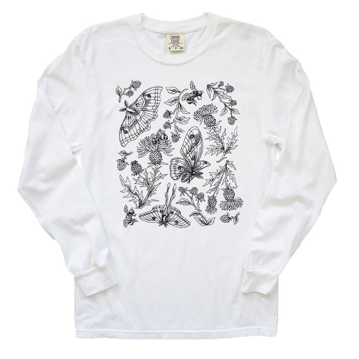 Butterfly Moth Botanical Embroidered Long Sleeve Tee-Womens Butterfly Long Sleeve Top