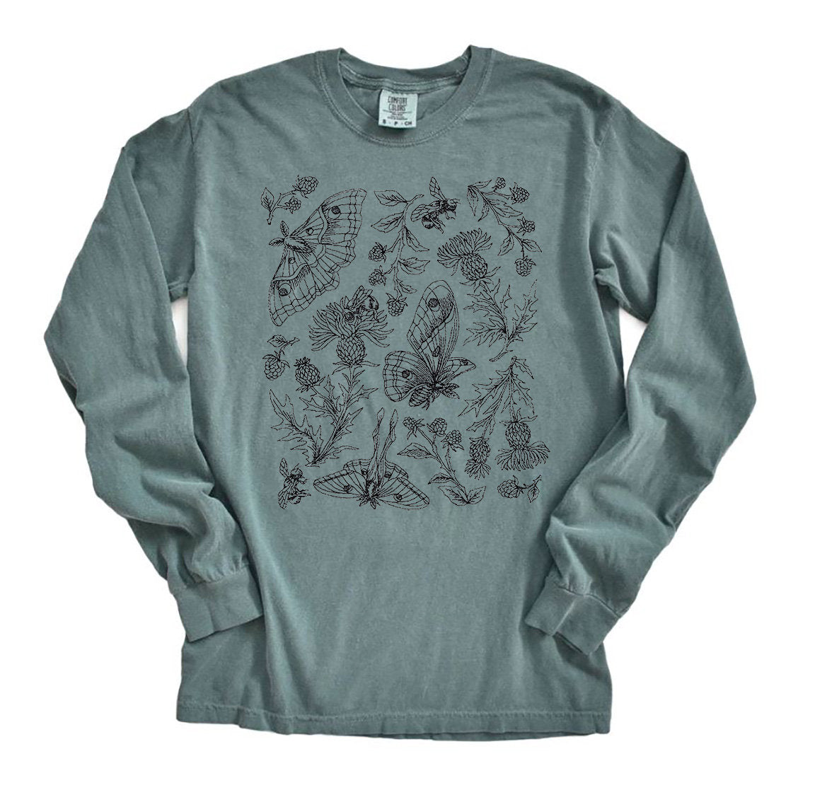 Butterfly Moth Botanical Embroidered Long Sleeve Tee-Womens Butterfly Long Sleeve Top